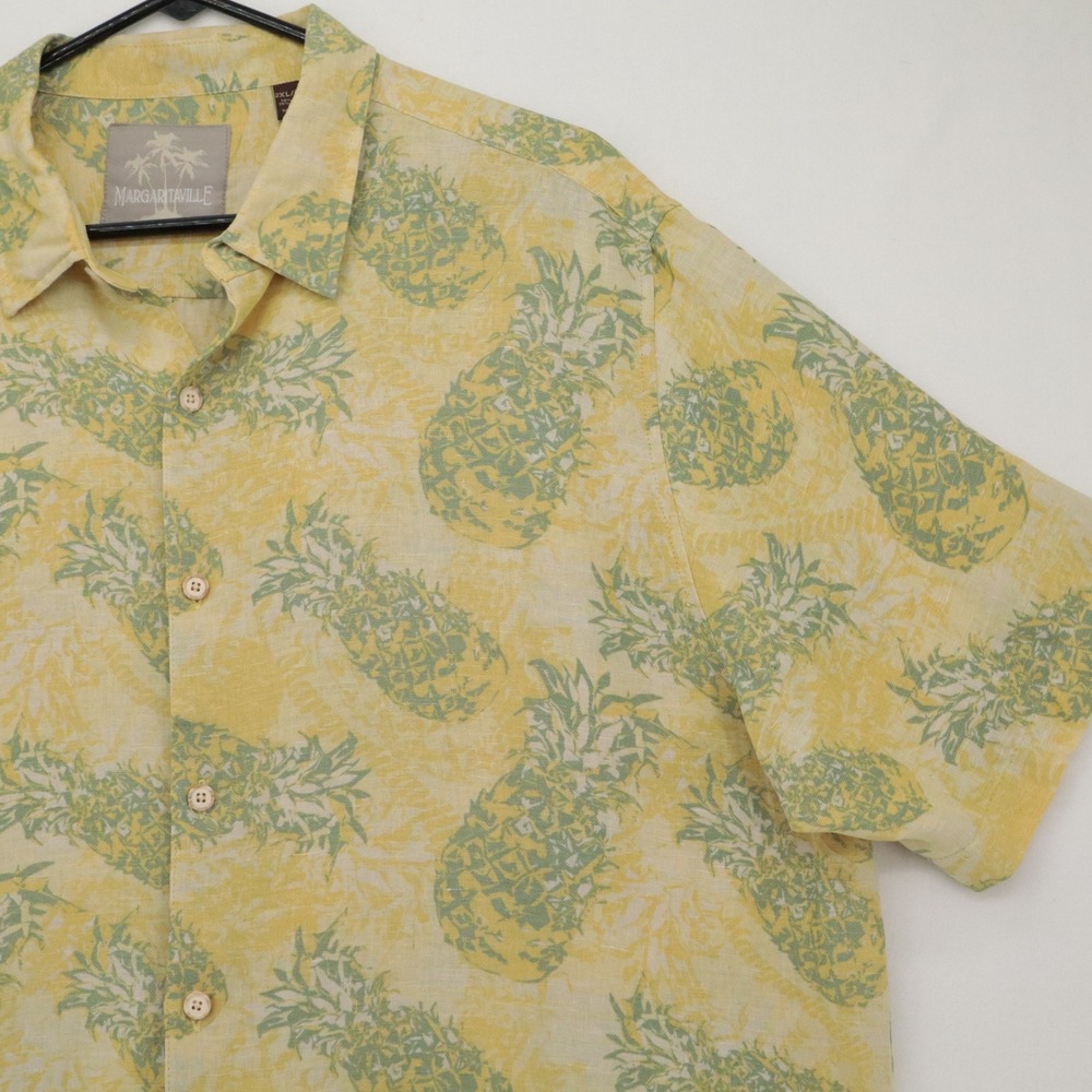 Margaritaville‎ Mens 2XL Silk Linen Pineapple Print Button Up Shirt Yellow Green